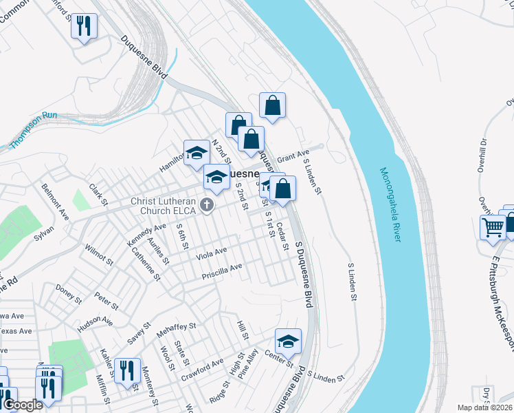 map of restaurants, bars, coffee shops, grocery stores, and more near 130 South 1st Street in Duquesne