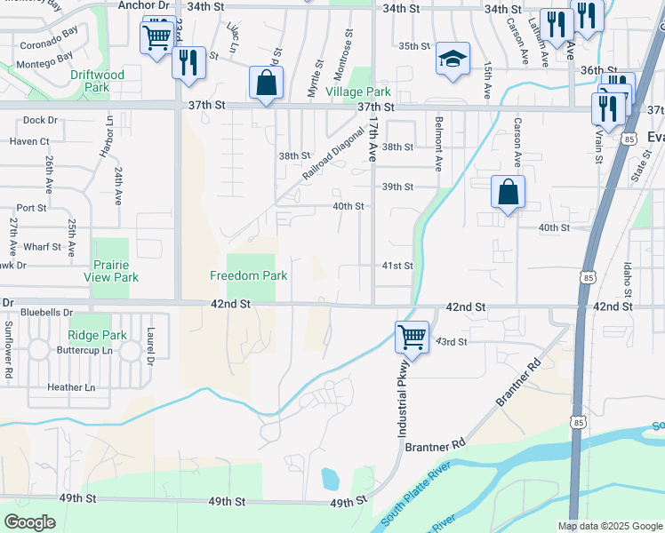 map of restaurants, bars, coffee shops, grocery stores, and more near 1893 42nd Street in Evans