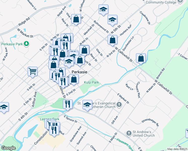 map of restaurants, bars, coffee shops, grocery stores, and more near 207 West Market Street in Perkasie