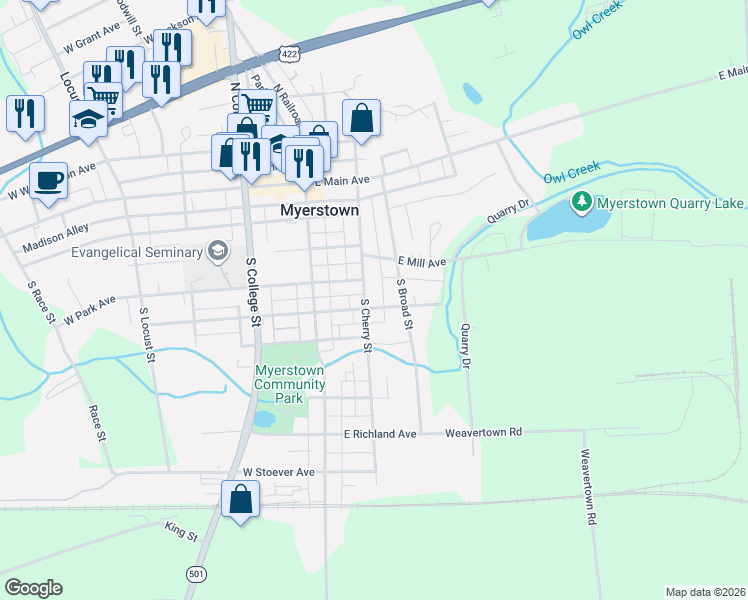 map of restaurants, bars, coffee shops, grocery stores, and more near 404 South Cherry Street in Myerstown