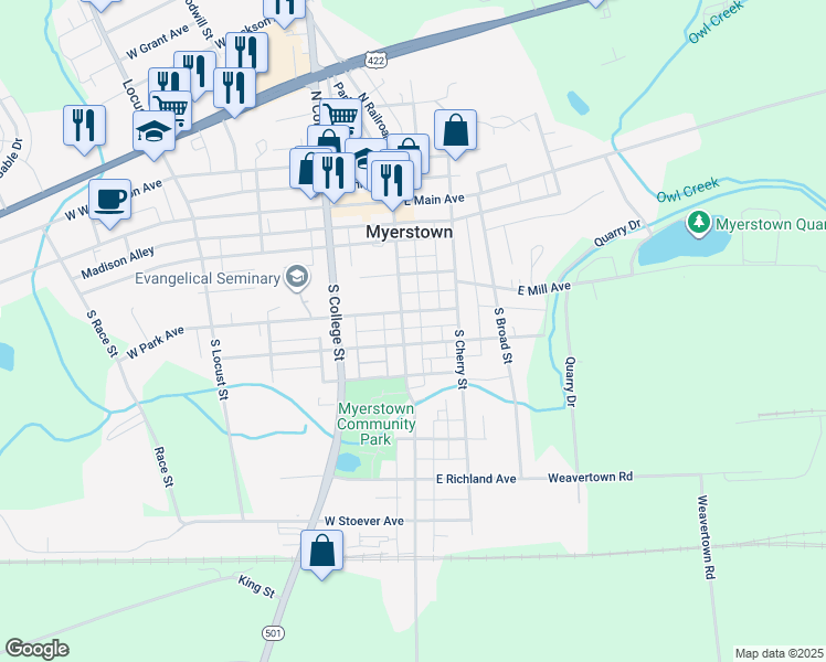 map of restaurants, bars, coffee shops, grocery stores, and more near 4 East Maple Avenue in Myerstown