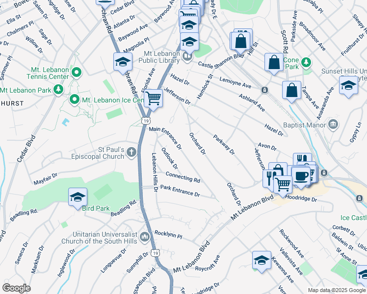 map of restaurants, bars, coffee shops, grocery stores, and more near 190 Main Entrance Drive in Pittsburgh
