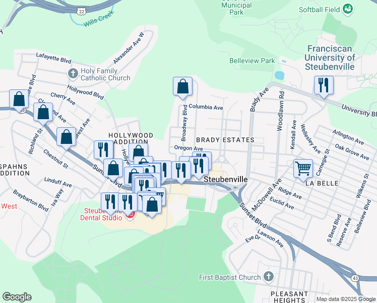 map of restaurants, bars, coffee shops, grocery stores, and more near 635 Oxford Boulevard in Steubenville