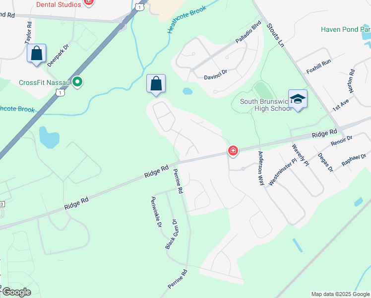map of restaurants, bars, coffee shops, grocery stores, and more near 102 Heskers Court in South Brunswick Township