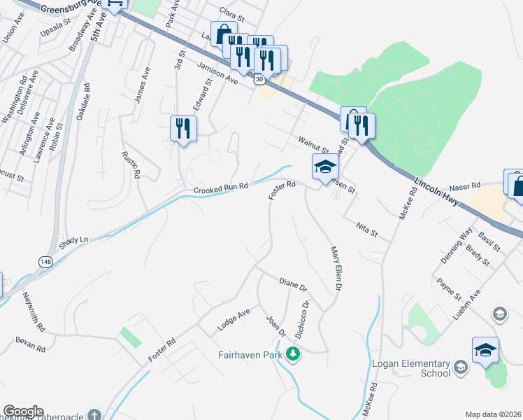 map of restaurants, bars, coffee shops, grocery stores, and more near 332 Foster Road in North Versailles