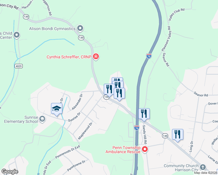 map of restaurants, bars, coffee shops, grocery stores, and more near 4026 Pennsylvania 130 in Trafford