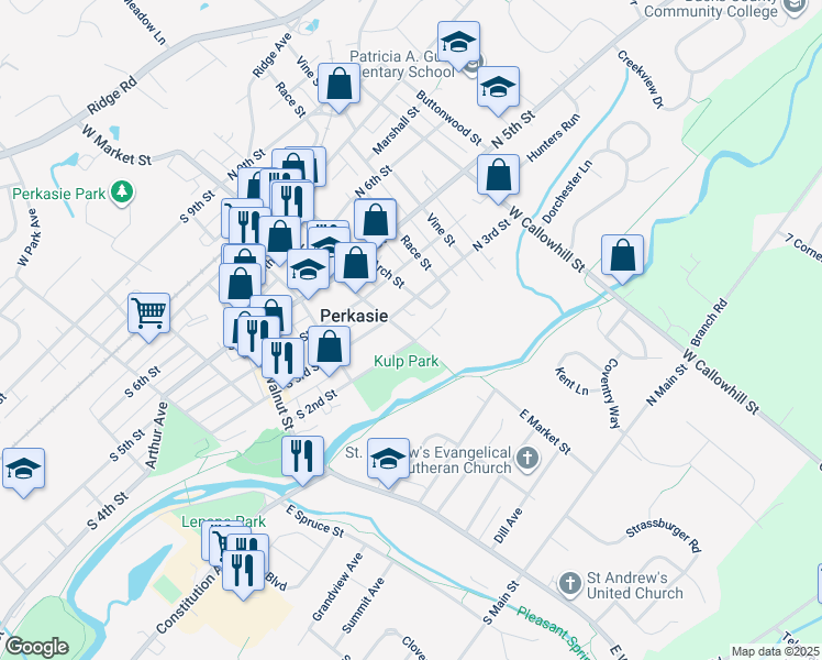 map of restaurants, bars, coffee shops, grocery stores, and more near 209 West Market Street in Perkasie