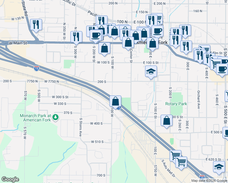 map of restaurants, bars, coffee shops, grocery stores, and more near 253 South 100 West in American Fork