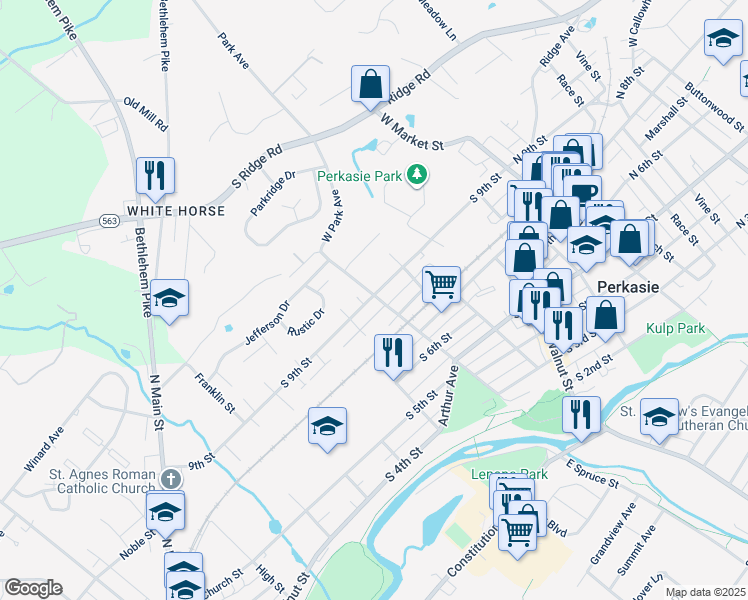 map of restaurants, bars, coffee shops, grocery stores, and more near 500 South 9th Street in Perkasie