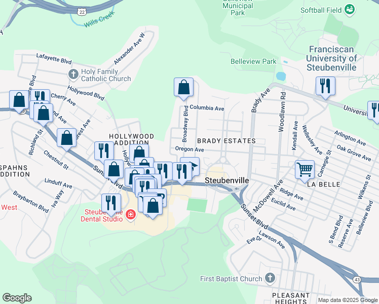 map of restaurants, bars, coffee shops, grocery stores, and more near 1912 Oregon Avenue in Steubenville
