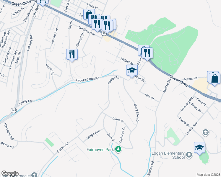 map of restaurants, bars, coffee shops, grocery stores, and more near in Allegheny County