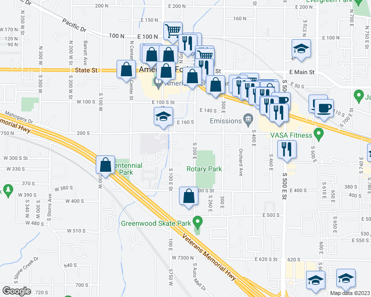 map of restaurants, bars, coffee shops, grocery stores, and more near 149 East 250 South in American Fork