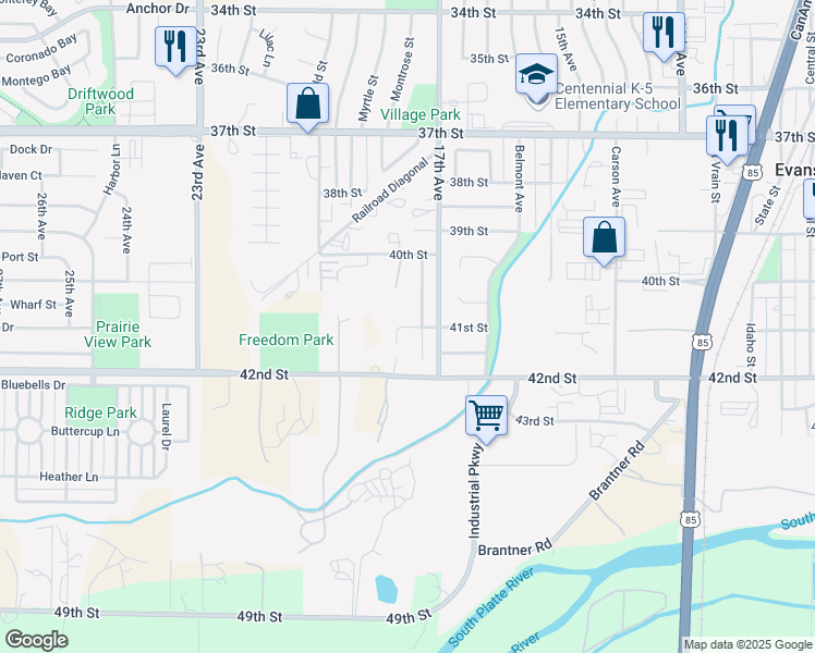 map of restaurants, bars, coffee shops, grocery stores, and more near 4163 Meadowview Court in Evans