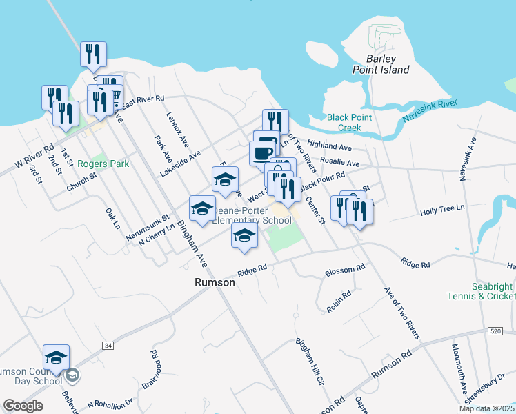 map of restaurants, bars, coffee shops, grocery stores, and more near 89 Forrest Avenue in Rumson