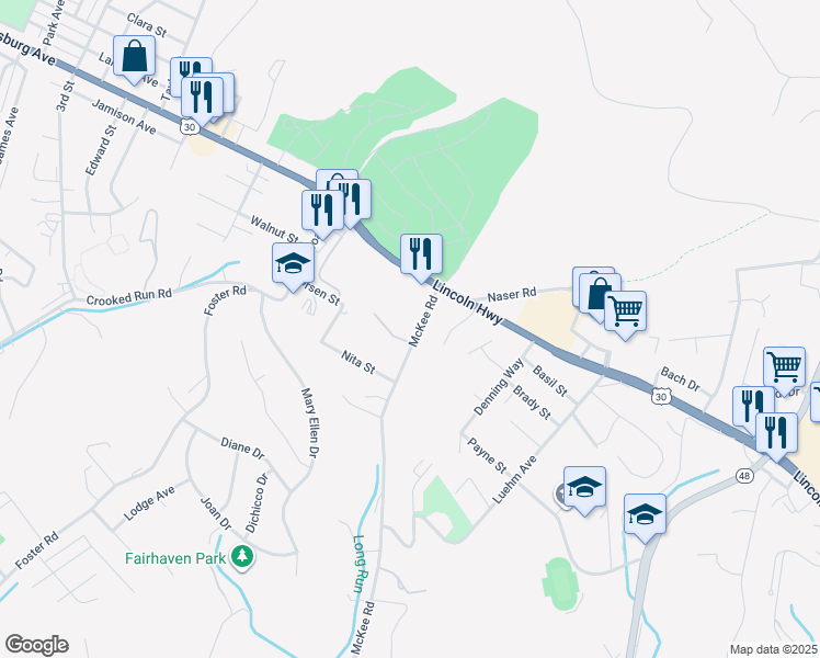 map of restaurants, bars, coffee shops, grocery stores, and more near 126 McKee Road in North Versailles