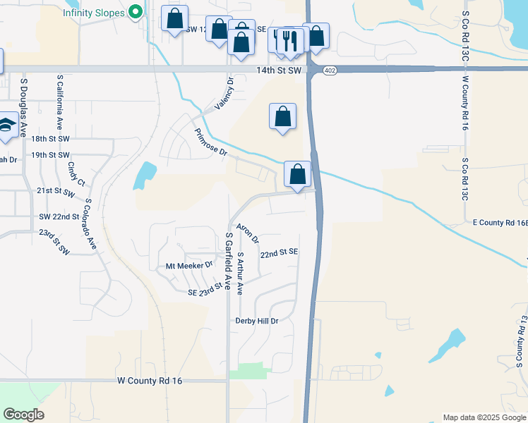 map of restaurants, bars, coffee shops, grocery stores, and more near 2102 Arron Drive in Loveland