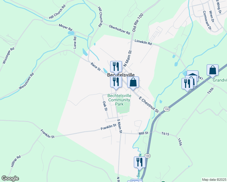 map of restaurants, bars, coffee shops, grocery stores, and more near 1757 South Main Street in Bechtelsville
