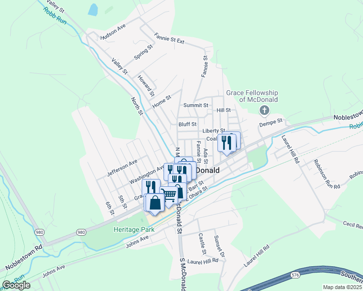 map of restaurants, bars, coffee shops, grocery stores, and more near 202 North McDonald Street in McDonald