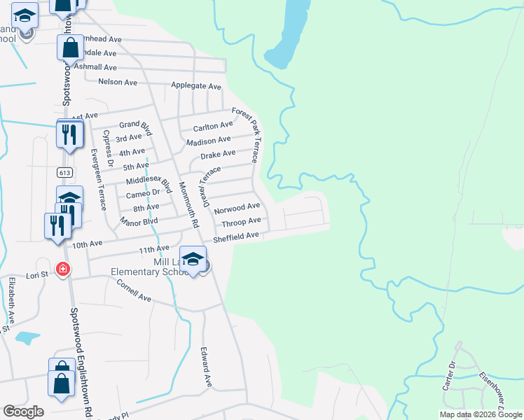 map of restaurants, bars, coffee shops, grocery stores, and more near 82 Forest Park Terrace in Monroe Township