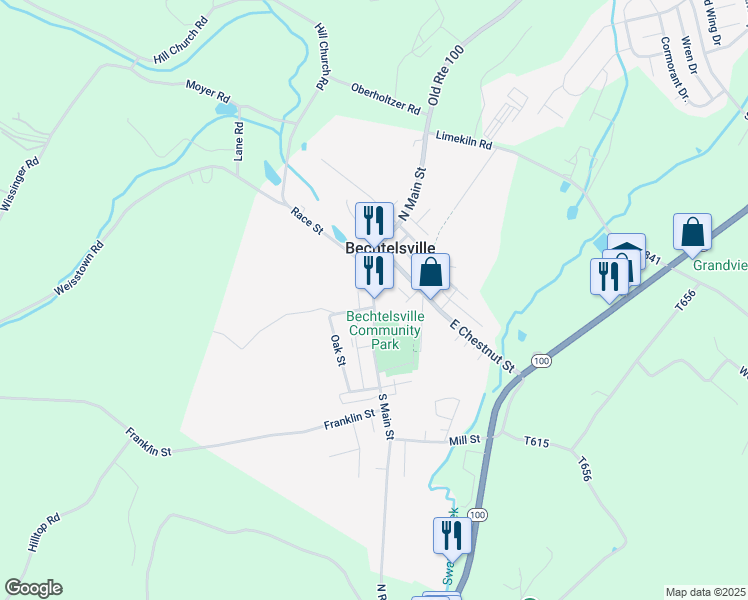 map of restaurants, bars, coffee shops, grocery stores, and more near 1757 South Main Street in Bechtelsville