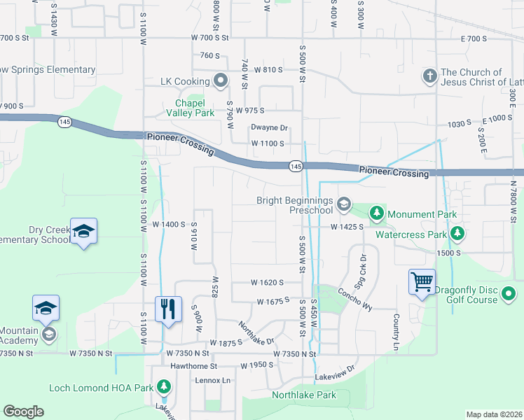 map of restaurants, bars, coffee shops, grocery stores, and more near 7615 North Lake Road in Lehi