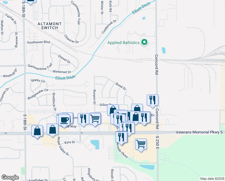 map of restaurants, bars, coffee shops, grocery stores, and more near 3203 Tanager Drive in Lafayette