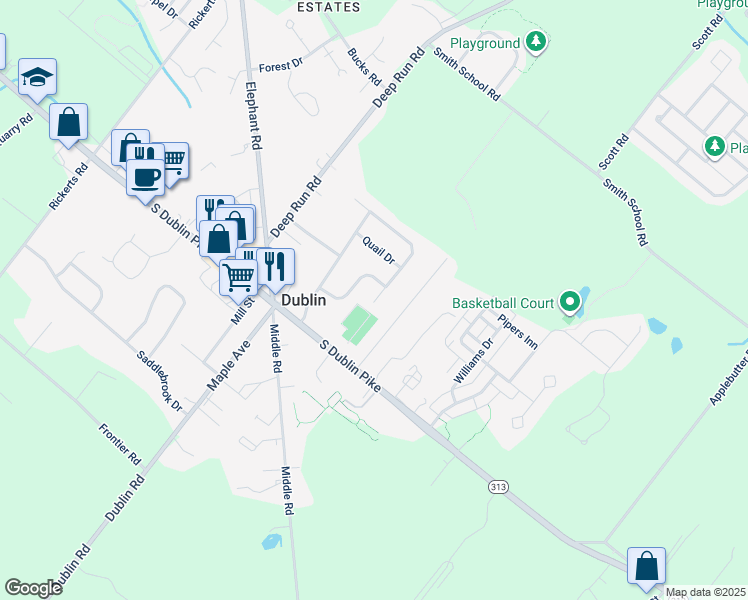 map of restaurants, bars, coffee shops, grocery stores, and more near 100 Olde Pilgrim Road in Dublin