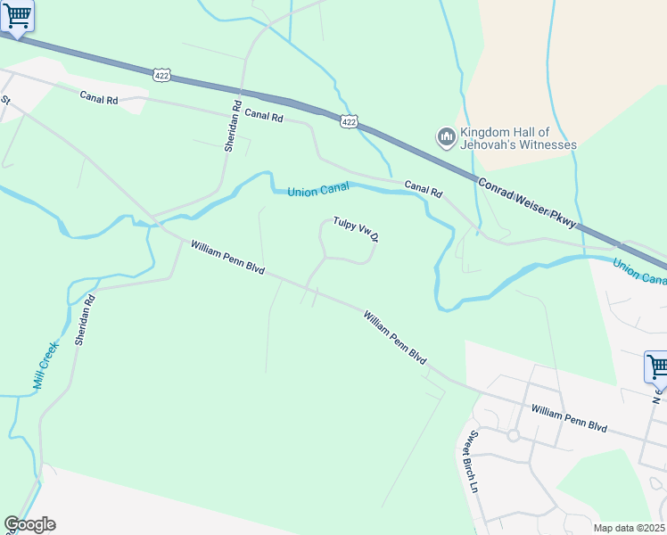 map of restaurants, bars, coffee shops, grocery stores, and more near 1 Tulpy View Drive in Womelsdorf