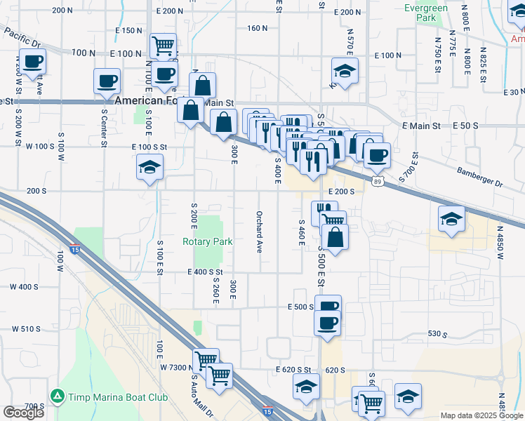 map of restaurants, bars, coffee shops, grocery stores, and more near 247 Orchard Avenue in American Fork