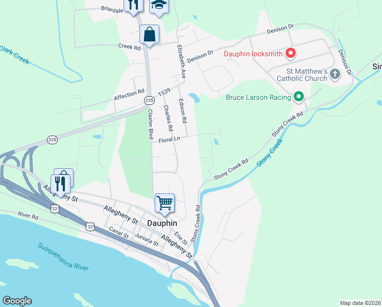 map of restaurants, bars, coffee shops, grocery stores, and more near 100 Floral Ln in Dauphin
