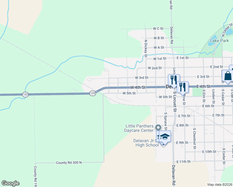 map of restaurants, bars, coffee shops, grocery stores, and more near 101 Weber Lane in Delavan