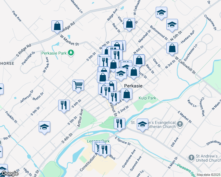 map of restaurants, bars, coffee shops, grocery stores, and more near 127 South 5th Street in Perkasie
