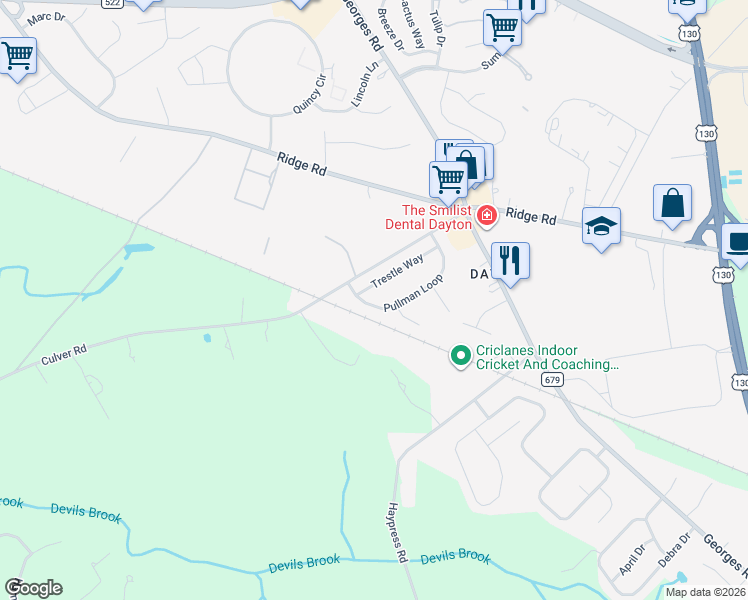 map of restaurants, bars, coffee shops, grocery stores, and more near 22 Trestle Way in South Brunswick Township