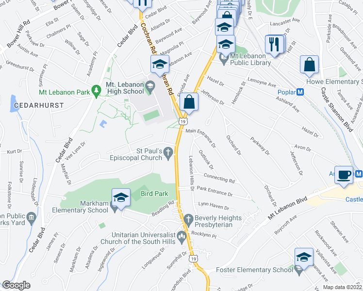 map of restaurants, bars, coffee shops, grocery stores, and more near 1009 Washington Road in Pittsburgh