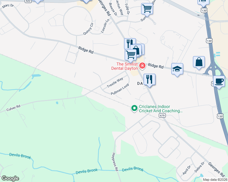 map of restaurants, bars, coffee shops, grocery stores, and more near 11 Trestle Way in South Brunswick Township