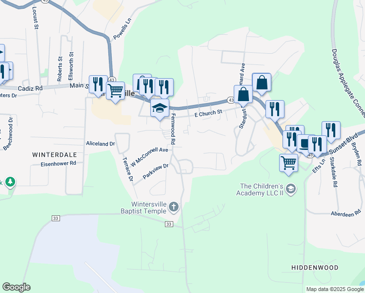 map of restaurants, bars, coffee shops, grocery stores, and more near 200 Fernwood Road in Wintersville