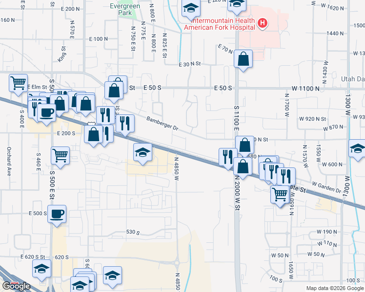 map of restaurants, bars, coffee shops, grocery stores, and more near 1050 Bamberger Drive in American Fork