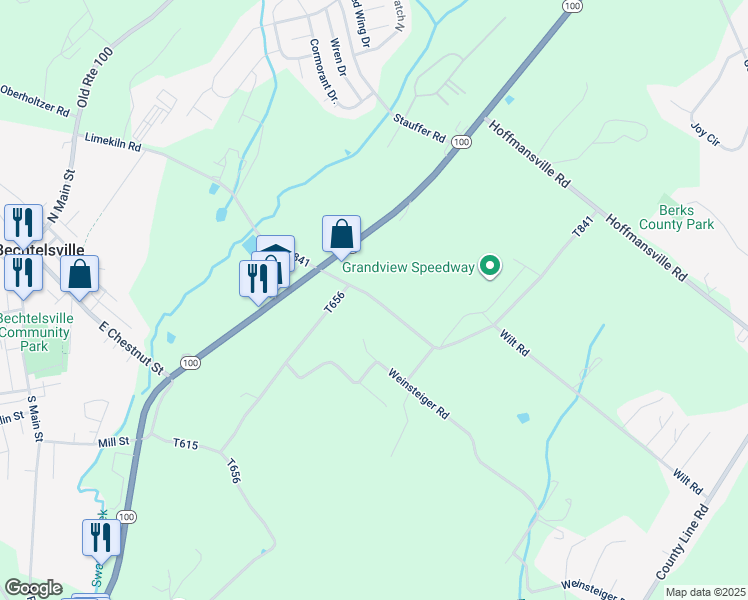 map of restaurants, bars, coffee shops, grocery stores, and more near 449 Weinsteiger Road in Bechtelsville