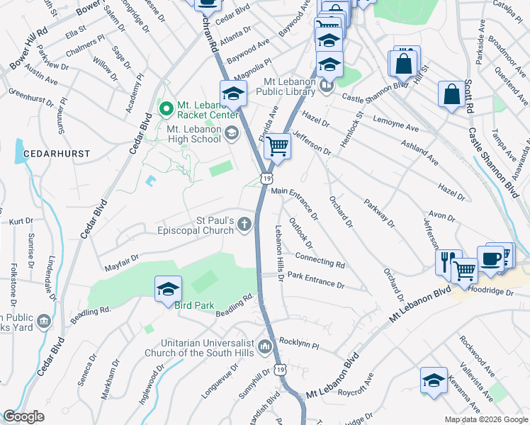 map of restaurants, bars, coffee shops, grocery stores, and more near 1009 Washington Road in Pittsburgh