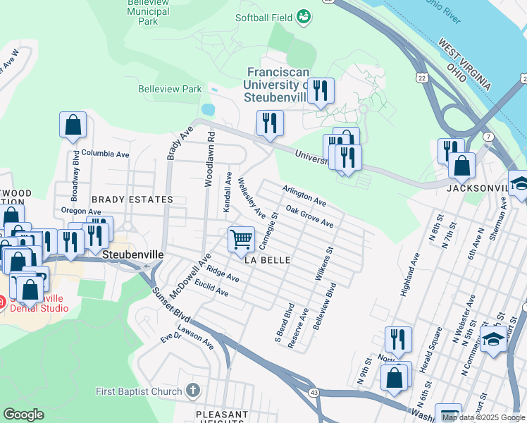 map of restaurants, bars, coffee shops, grocery stores, and more near 1436 Oak Grove Avenue in Steubenville