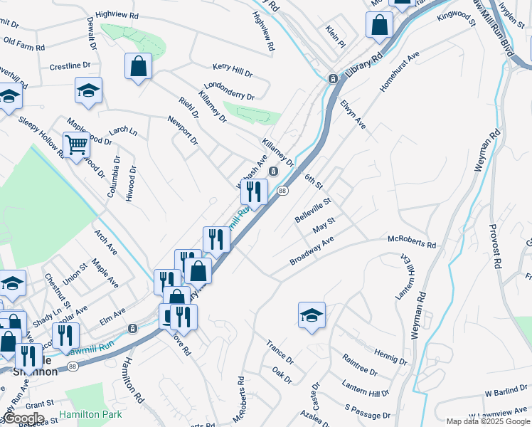 map of restaurants, bars, coffee shops, grocery stores, and more near 3153 Library Road in Castle Shannon