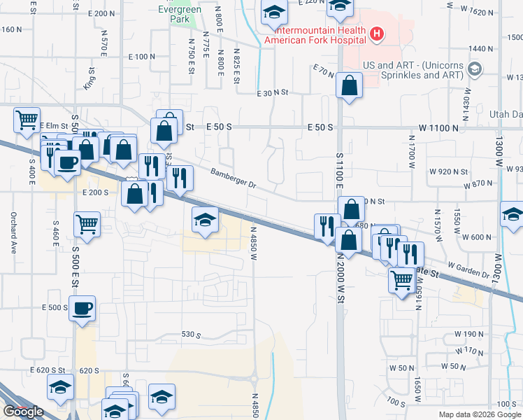 map of restaurants, bars, coffee shops, grocery stores, and more near 1050 Bamberger Drive in American Fork