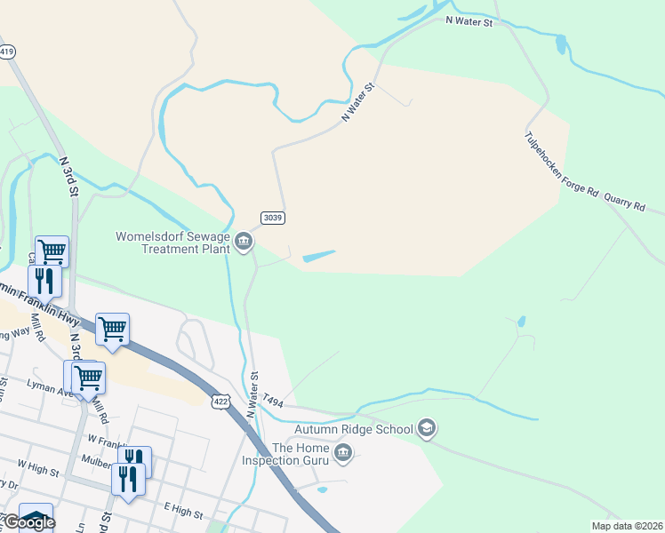 map of restaurants, bars, coffee shops, grocery stores, and more near 401 North Water Street in Womelsdorf