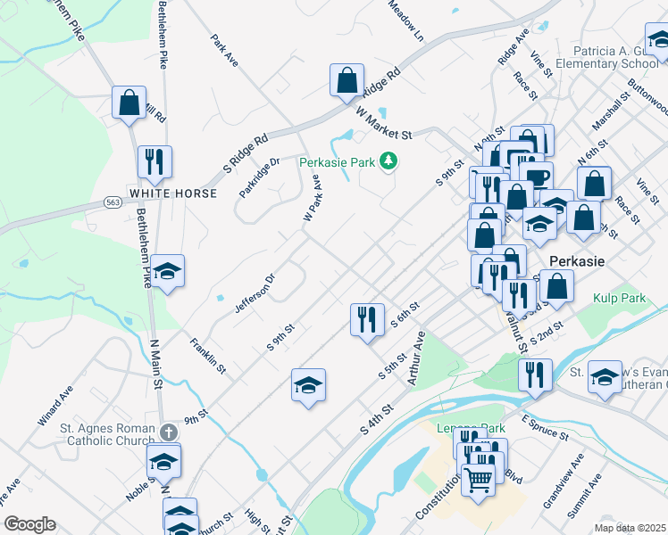 map of restaurants, bars, coffee shops, grocery stores, and more near 500 South 9th Street in Perkasie