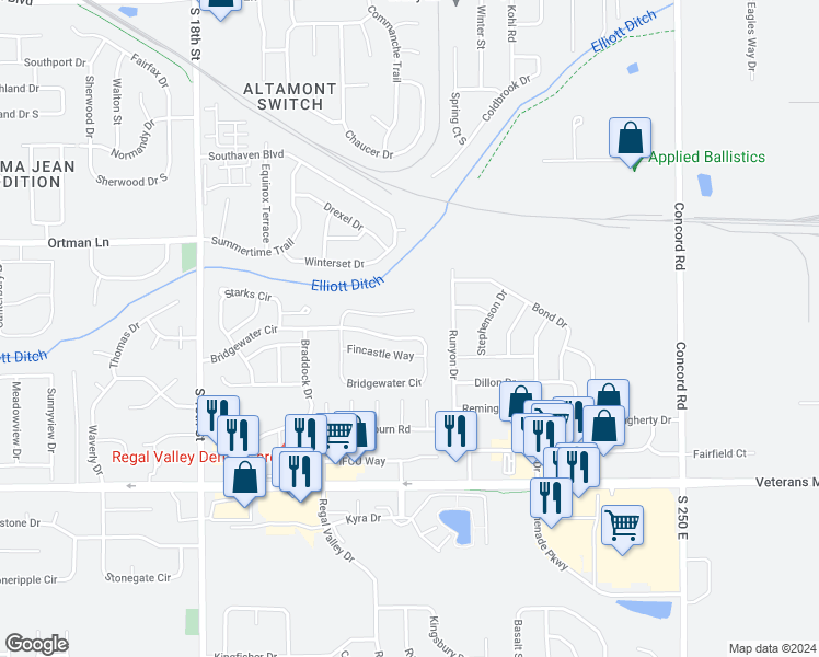 map of restaurants, bars, coffee shops, grocery stores, and more near 90 Bridgewater Court in Lafayette