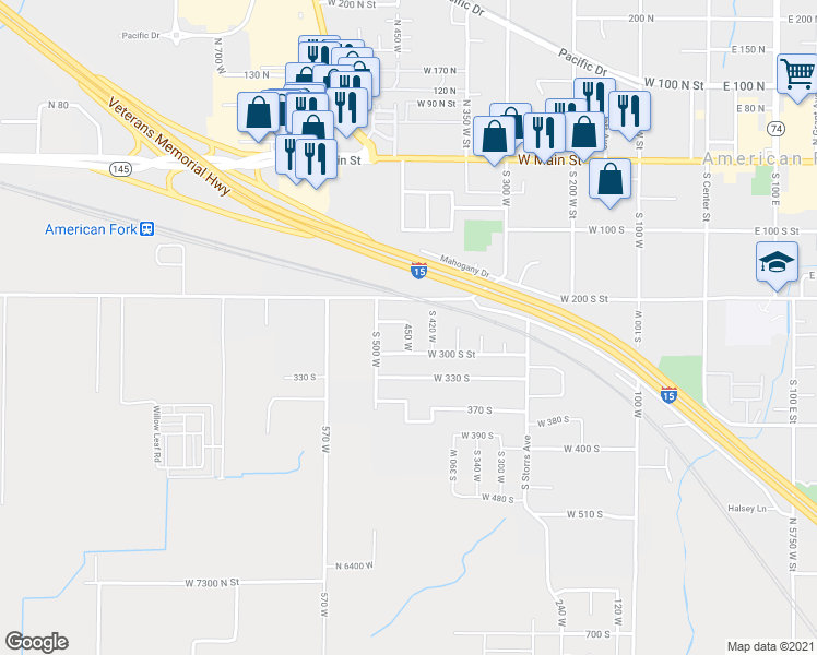 map of restaurants, bars, coffee shops, grocery stores, and more near 284 450 West in American Fork