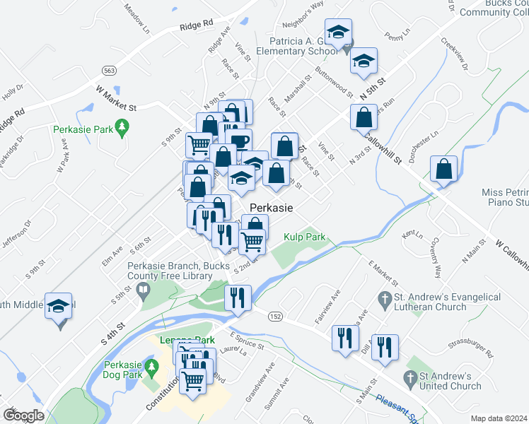 map of restaurants, bars, coffee shops, grocery stores, and more near 25 South 4th Street in Perkasie