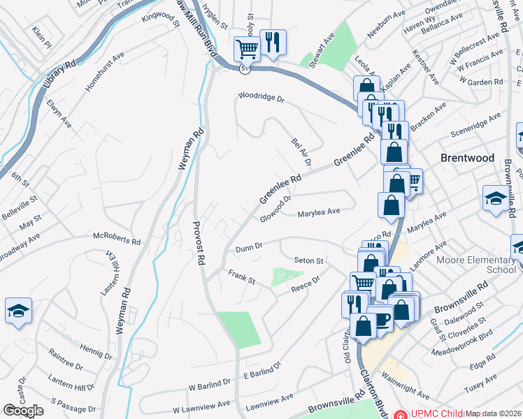 map of restaurants, bars, coffee shops, grocery stores, and more near 628 Greenlee Road in Pittsburgh