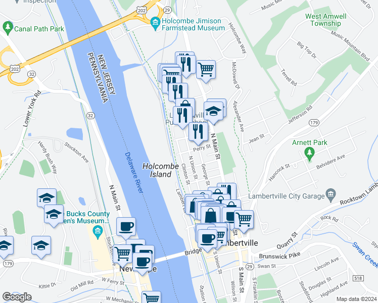 map of restaurants, bars, coffee shops, grocery stores, and more near 17 Perry Street in Lambertville
