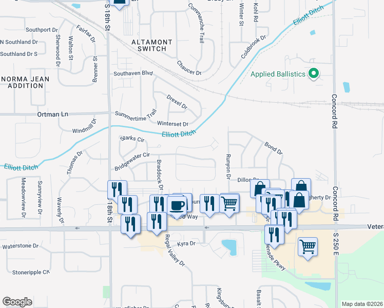 map of restaurants, bars, coffee shops, grocery stores, and more near 110 Bridgewater Court in Lafayette